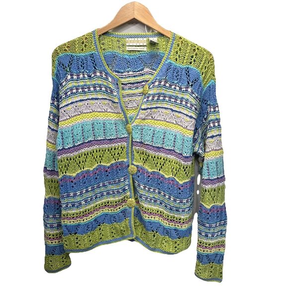 Sigrid Olsen Sport Hand Knit Pastel Cardigan Sweater Women M Ramie Cotton Multi - Picture 1 of 12